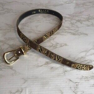 Vintage 1990s Elite Metallic Leather Gold Tone Leopard Snakeskin Embossed Medium